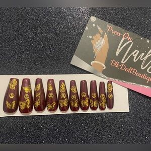 Burgundy and Gold Butterfly Press-On Nails